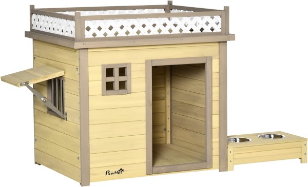 PawHut casa de madera para perros estilo castillo con comedero elevado